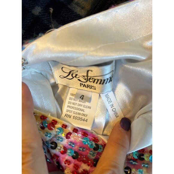 LaFemme Paris Sequin Prom Gown Women's 4 Flowy Silk Beaded Multicolor Open Sides - Picture 6 of 16